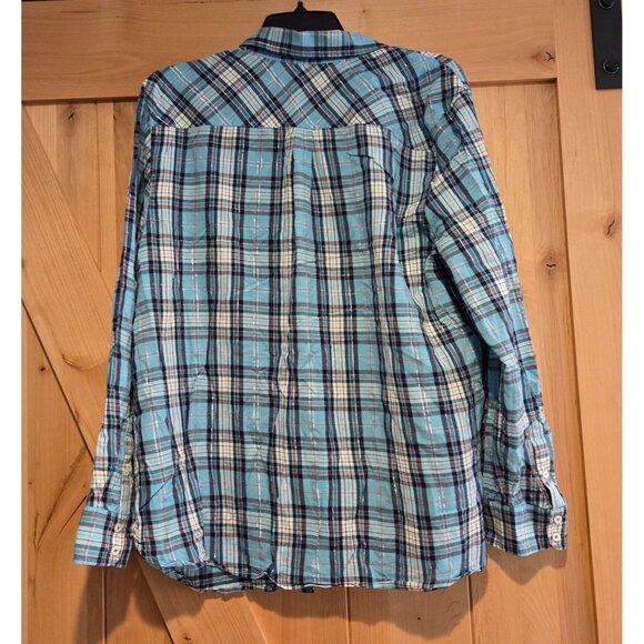 Talbots Womens Size XL Blue Plaid Button Up Shirt Metallic Thread - Picture 2 of 13